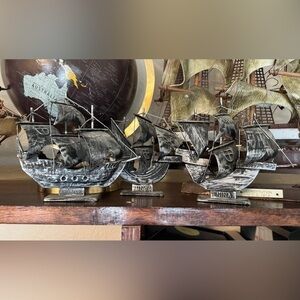 Vintage Trio Small Metal Ships Sculpture, "Nina” “Pinta" and the Santa Maria”